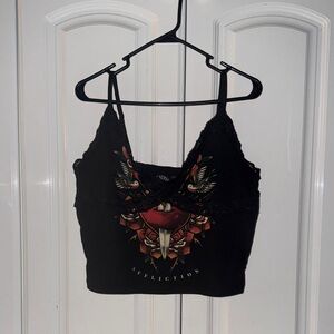 Affliction Black and Red Graphic Crop Top